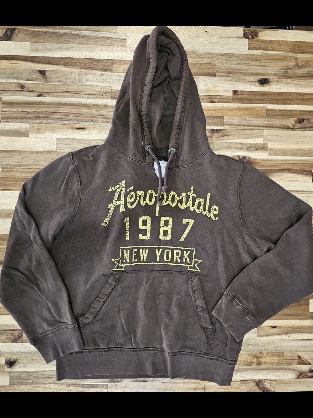 Aeropostale Brown Crewneck Hoodie with Yellow '1987 New York' Graphic